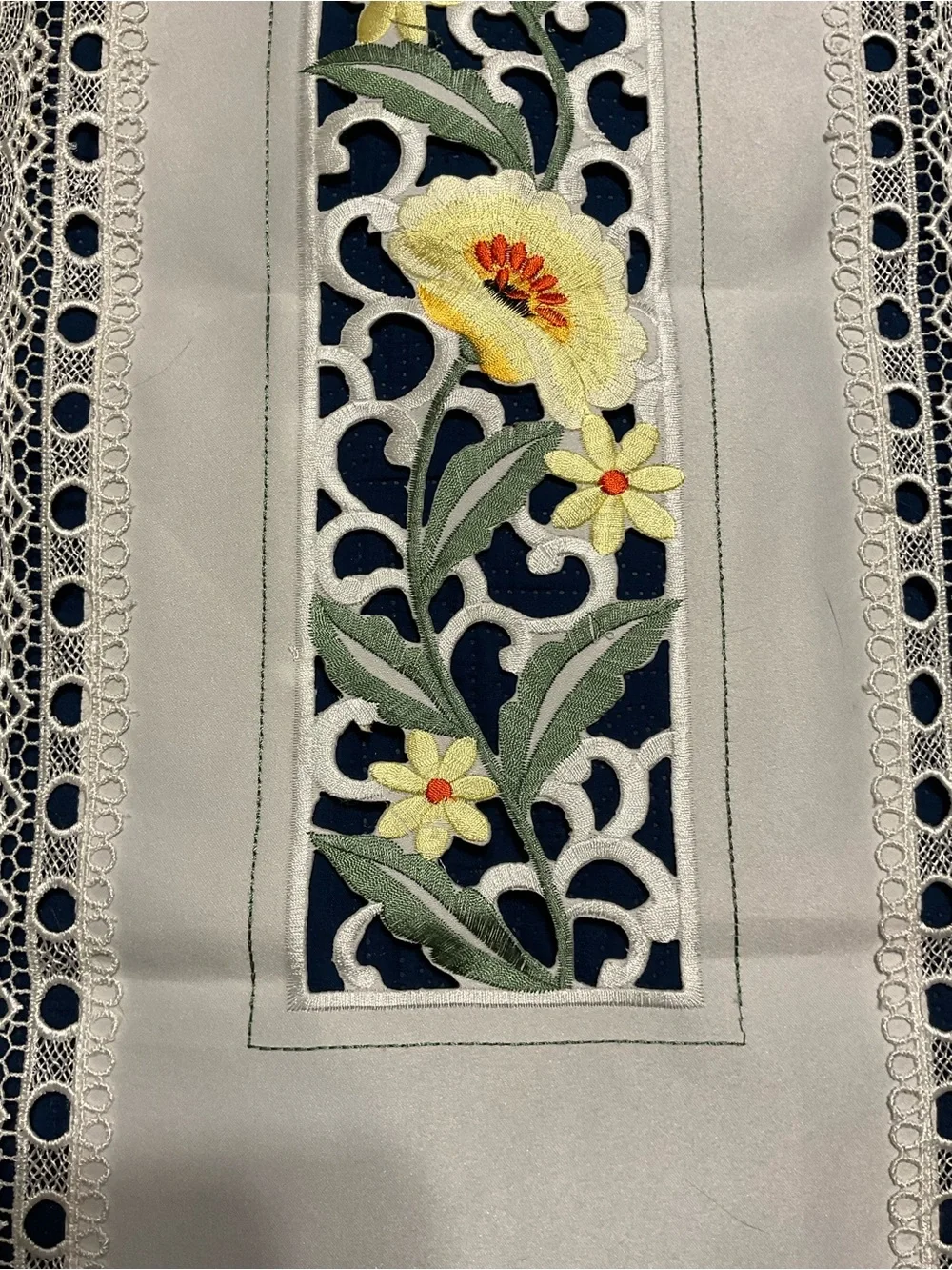Cream Embroidered Floral Table Runner Cutout Lace - Yellow Flower Detail 50”